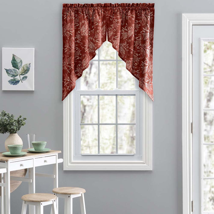Ellis Curtain Lexington Leaf Pattern on Colored Ground Tailored Swags 56"x36" Brick