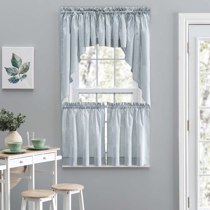 Ellis Curtain Plaza Classic Ticking Stripe Printed on Natural Ground 1.5" Rod Pocket Tailored Swag 56" x 36" Blue