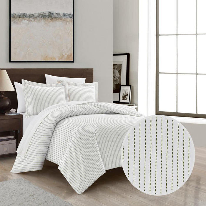 Chic Home Wesley Duvet Cover Set Contemporary Solid White With Dot Striped Pattern Print Design Bedding - Pillow Sham Included - 2 Piece - Twin 68x90", Green