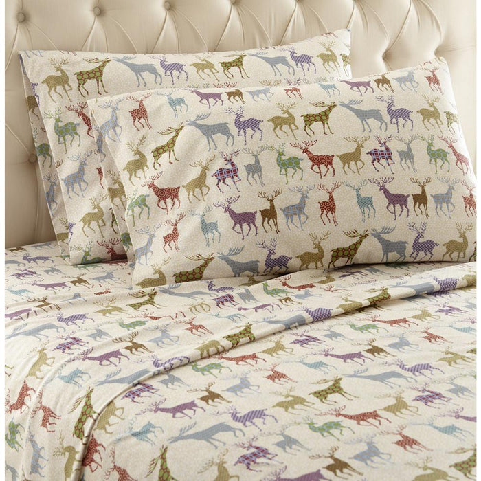 Shavel Micro Flannel Quality Printed Sheet Set - Twin Flat/Fitted Sheet 66x96/75x39x14" Pillowcase 21x32" - Colorful Deer.