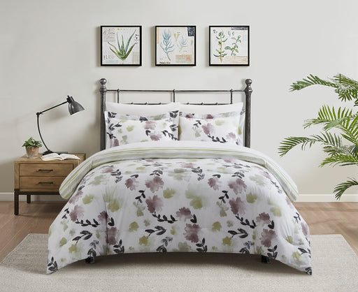 Chic Home Everly Green 3 Piece Duvet Cover Set Reversible Watercolor Floral Print Striped Pattern Design Bedding King Multi-color - King