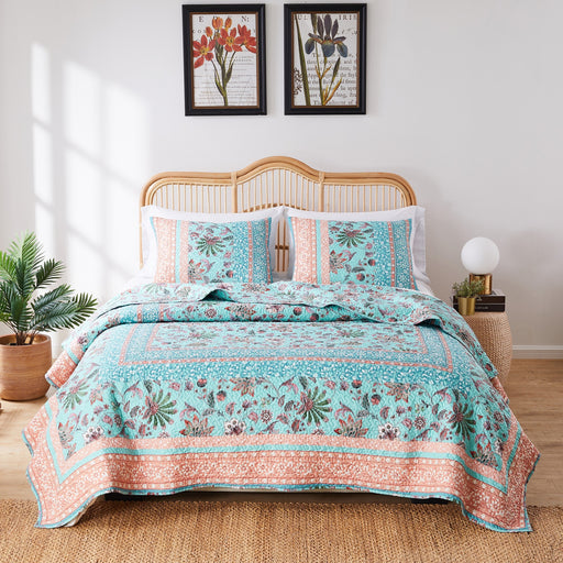 Greenland Home Fashions Barefoot Bungalow Audrey Quilt and Pillow Sham Set - Twin 68x88", Turquoise - Twin/XL,Turquoise