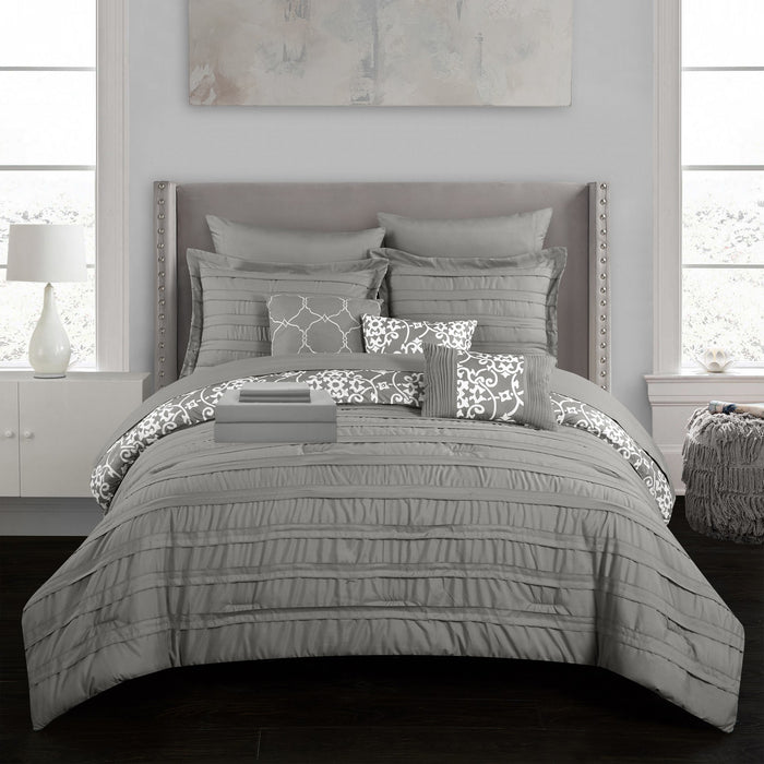 Chic Home Elegant Reversible Adler Motif 10 Pieces Comforter Bed In A Bag Sheets Decorative Pillows & Shams - King 104x90, Grey - King