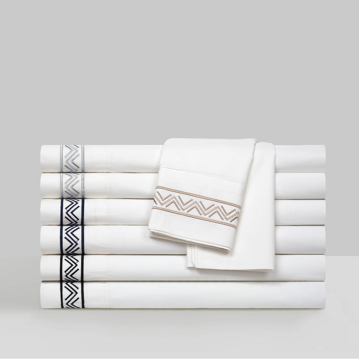 Chic Home Arden Organic Cotton Sheet Set Solid White With Dual Stripe Embroidery Zig-Zag Details - Includes 1 Flat, 1 Fitted Sheet, and 2 Pillowcases - 4 Piece - King 108x102, Grey - King