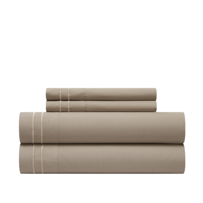 Chic Home Savannah Sheet Set Solid Color With Dual Stripe Embroidery - Includes 1 Flat, 1 Fitted Sheet, and 2 Pillowcases - 4 Piece - King 108x102", Taupe - Taupe