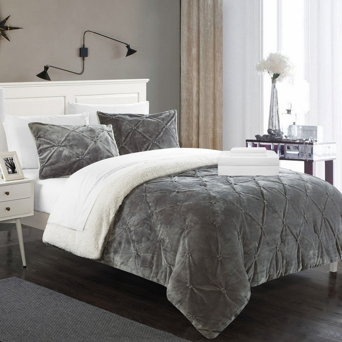 Chic Home Roald 7 Pieces Comforter Ultra Plush Micro Mink Pinch Pleated Ruffled Pintuck Sherpa Lined Bedding Set - Queen 86x92, Grey - Queen