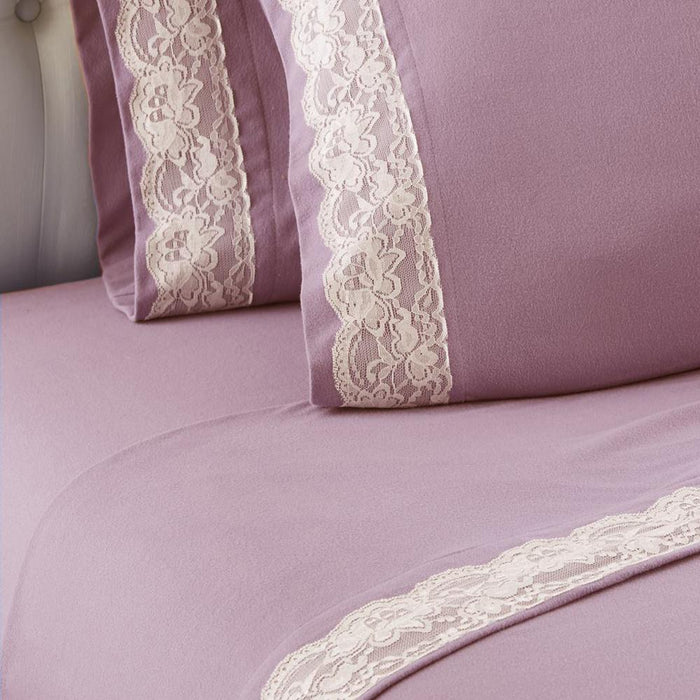 Shavel Micro Flannel Quality Lace-Edged Sheet Set - Full Flat/Fitted Sheet 86x100/75x54x16" 2-Pillowcase 21x32" - Frosted Rose - Full,Frosted Rose