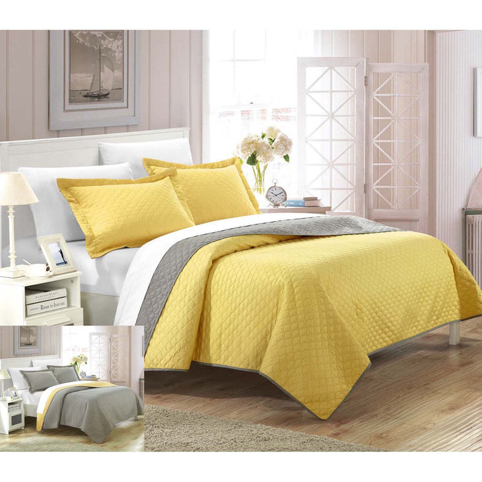 Chic Home Lugano Teresa Reversible Modern Design 3 Pieces Quilt Set - King 106x90, Yellow - King