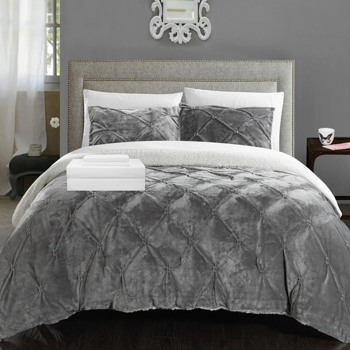 Chic Home Roald 7 Pieces Comforter Ultra Plush Micro Mink Pinch Pleated Ruffled Pintuck Sherpa Lined Bedding Set - Queen 86x92, Grey - Queen