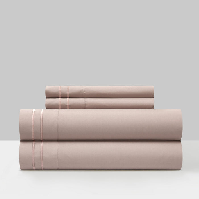 Chic Home Savannah Sheet Set Solid Color With Dual Stripe Embroidery - Includes 1 Flat, 1 Fitted Sheet, and 2 Pillowcases - 4 Piece - King 108x102", Rose - Rose