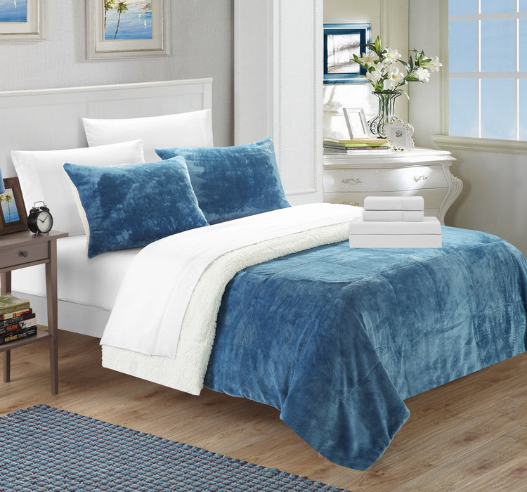 Chic Home Bjurman 7 Pieces Blanket Set Soft Sherpa Lined Microplush Faux Mink With Shams & Sheet Set - King 104x90, Blue - King