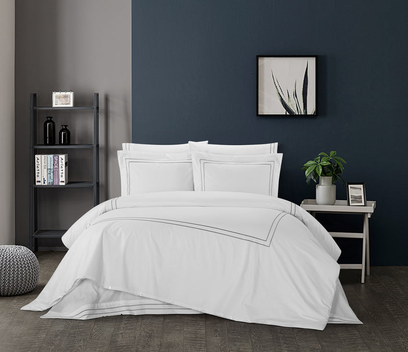 Chic Home Alford Organic Cotton Duvet Cover Set Solid White With Dual Stripe Embroidered Border Hotel Collection Bedding - Includes Two Pillow Shams - 3 Piece - King 106x96, Grey - King