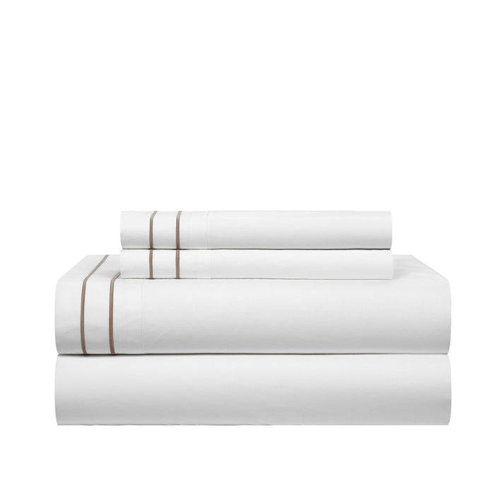 Chic Home Valencia Organic Cotton Sheet Set Solid White With Dual Stripe Embroidery - Includes 1 Flat, 1 Fitted Sheet, and 2 Pillowcases - 4 Piece - Queen 90x102, Beige - Queen