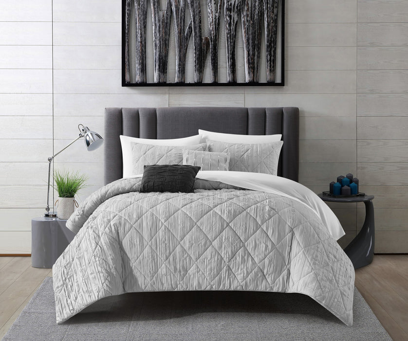 NY&C Home Leighton 9 Piece Comforter Set Diamond Stitched Design Crinkle Textured Pattern Bed In A Bag Bedding - Sheets Pillowcases Decorative Pillows Shams Included, King, Grey - King