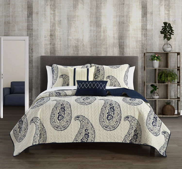 Chic Home Safira Quilt Set Contemporary Two-Tone Paisley Print Bedding - Decorative Pillows Shams Included - 5-Piece - Queen 90x90", Navy - Queen