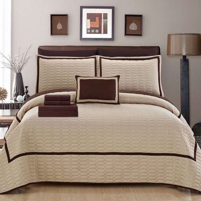 Chic Home Antoine Geometrical Design Elegant 8 PC Quilted Bed In A Bag Sheet Set Decorative Pillows & Shams - Queen 90x92, Beige - Queen