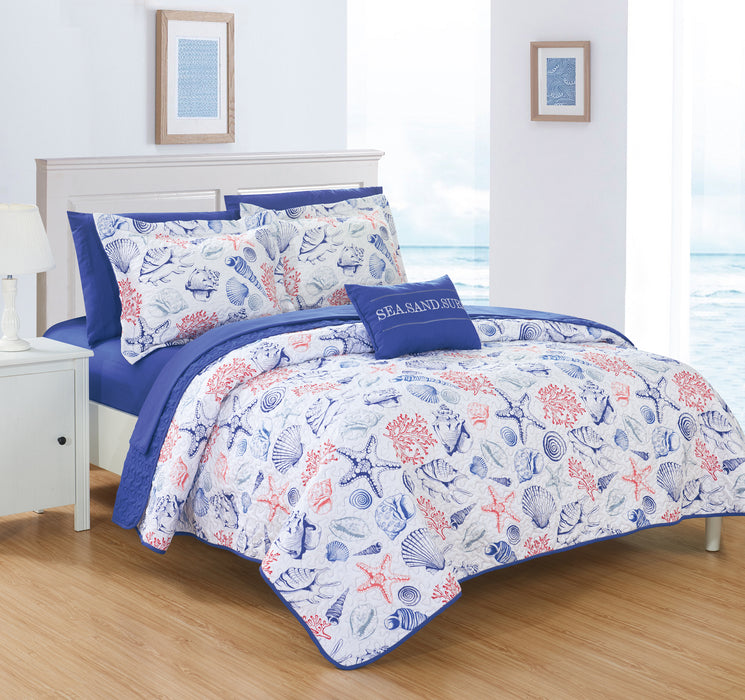 Chic Home Moselle 4 Piece Reversible Quilt Coverlet Set "Sea, Sand, Surf" Theme Embossed Quilted Design Bedding King - King