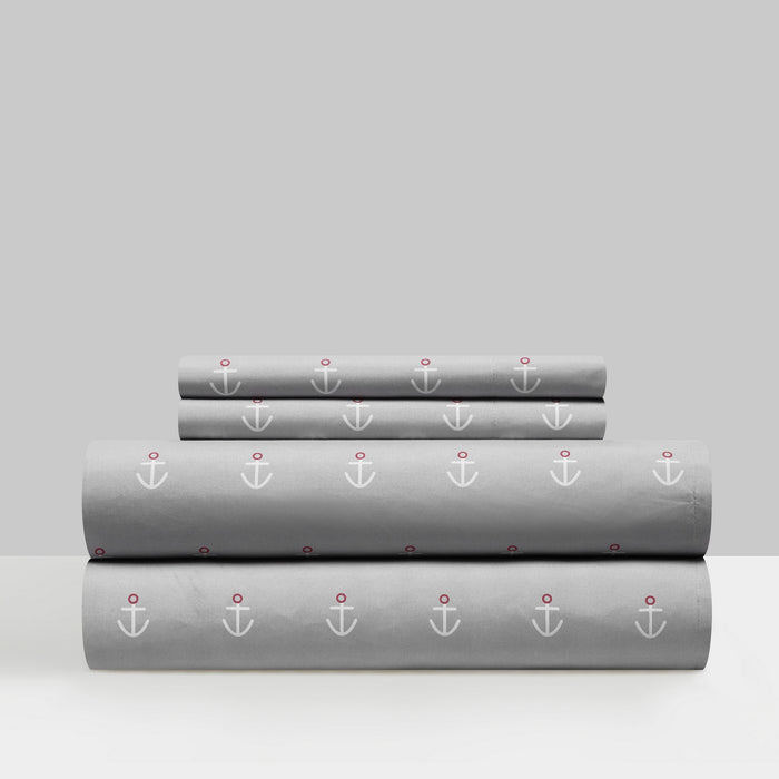 NY&C Home Marina 3 Piece Sheet Set Super Soft Nautical Theme Geometric Anchor Pattern Print Design – Includes 1 Flat, 1 Fitted Sheet, and 1 Pillowcase, Twin XL, Grey - Gray