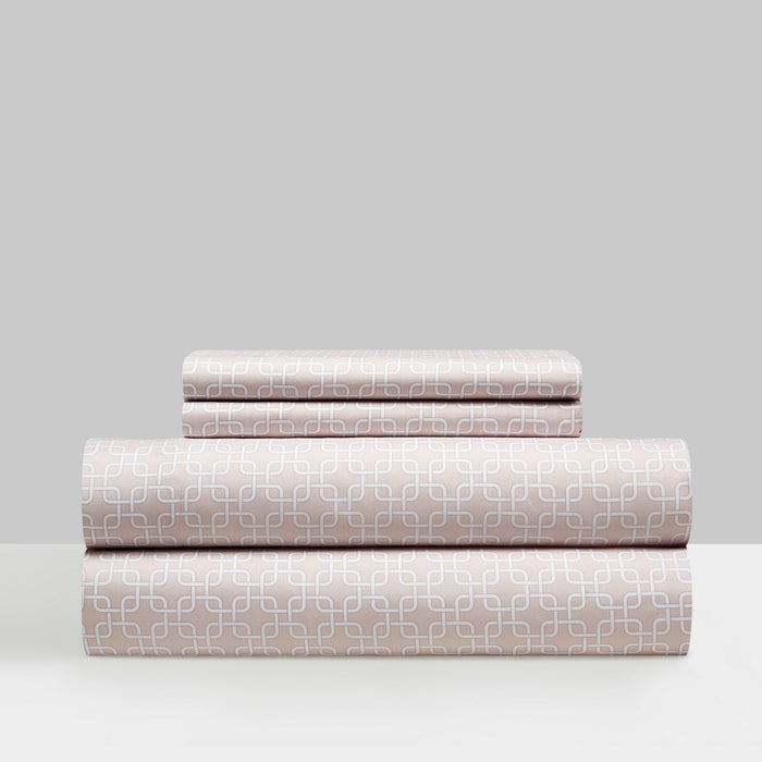 NY&C Home Lucille 4 Piece Sheet Set Super Soft Two-Tone Interlaced Geometric Pattern Print Design – Includes 1 Flat, 1 Fitted Sheet, and 2 Pillowcases, Queen, Rose Pink - Rose