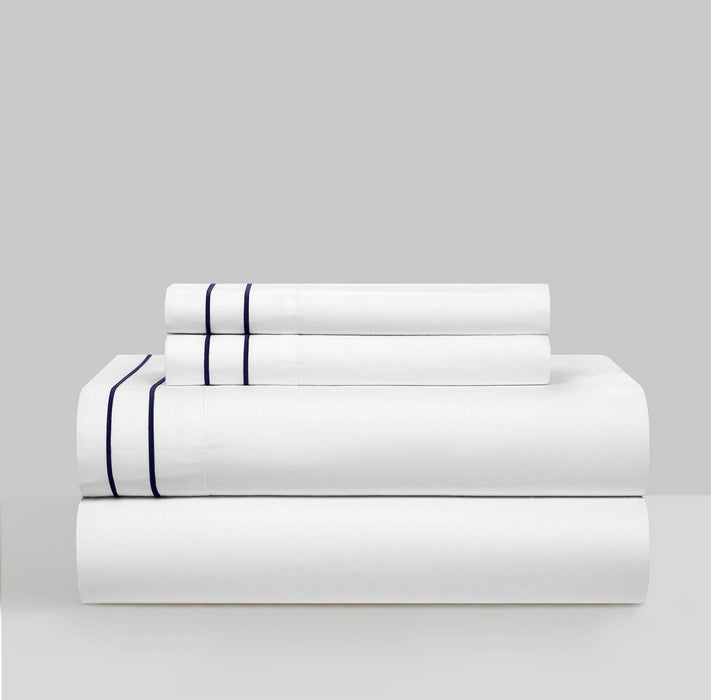 Chic Home Valencia Organic Cotton Sheet Set Solid White With Dual Stripe Embroidery - Includes 1 Flat, 1 Fitted Sheet, and 2 Pillowcases - 4 Piece - Queen 90x102, Navy - Queen