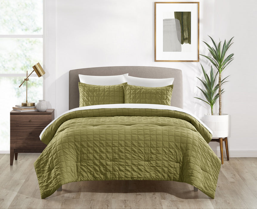 Chic Home Jessa Comforter Set Washed Garment Technique Geometric Square Tile Pattern Bed In A Bag Bedding - Sheets Pillowcases Pillow Shams Included - 7 Piece - King 104x92", Green - King
