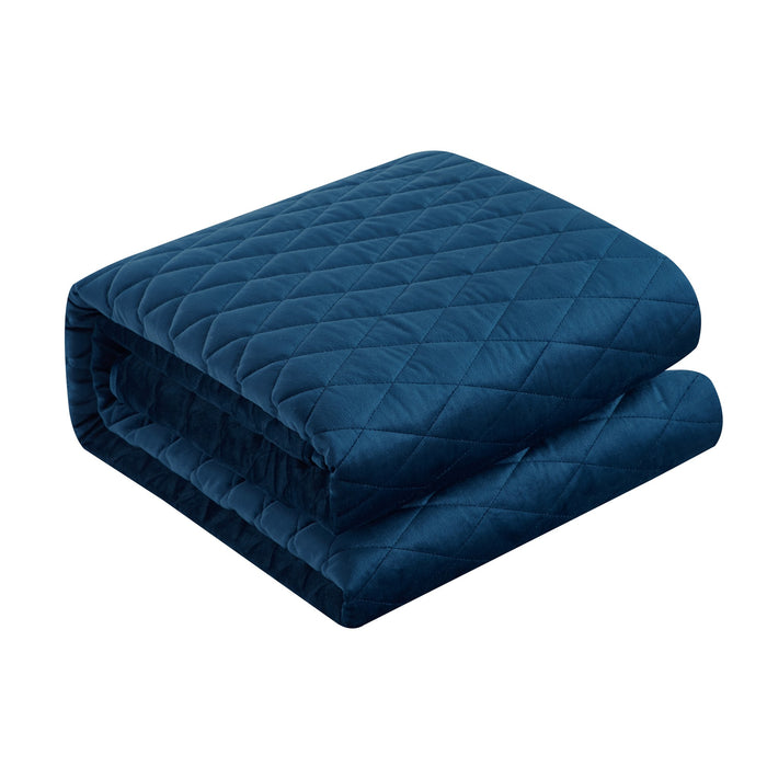 NY&C Home Wafa 3 Piece Velvet Quilt Set Diamond Stitched Pattern Bedding - Pillow Shams Included, Queen, Blue - Queen