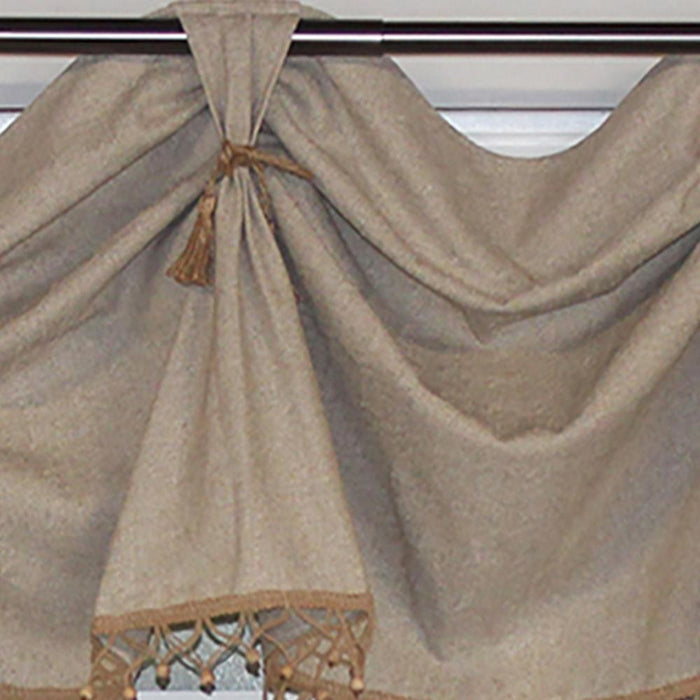 RLF Home Natural Linen 2-Scoop Victory Swag Flax.  3 Tabs. Wooden Beads Trim 54"W X 26"L For windows up to 48"W - 48"W x 26"L
