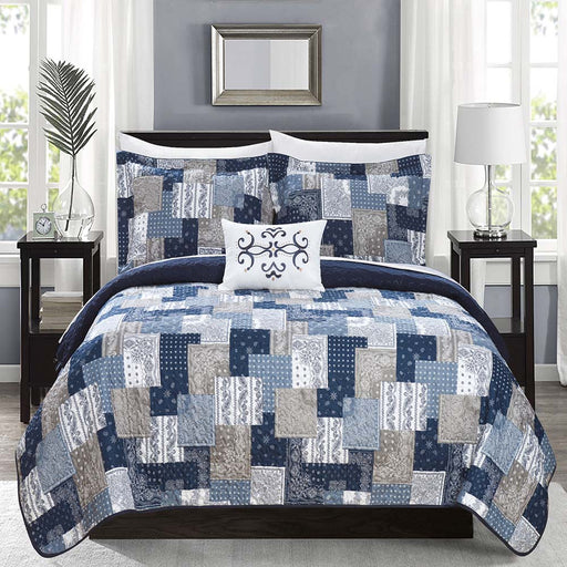 Chic Home Eliana 8 Piece Reversible Quilt Coverlet Set Embossed Patchwork Bohemian Paisley Print Quilted Design Bed in a Bag Included Blue