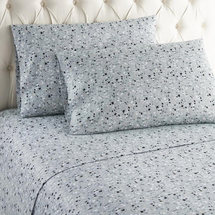Micro Flannel Printed Deep-Pocket Sheet Set, Twin, Terrazzo Light Gray - Twin,Terrazzo Light Gray