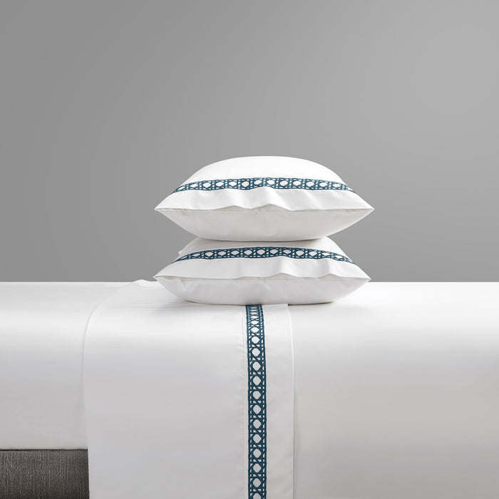 Chic Home Aria 4 Piece Cotton Blend Sheet Set 1500 Thread Count Solid White With Dual Stripe Embroidery Lattice Stitching Details Queen Navy - Queen