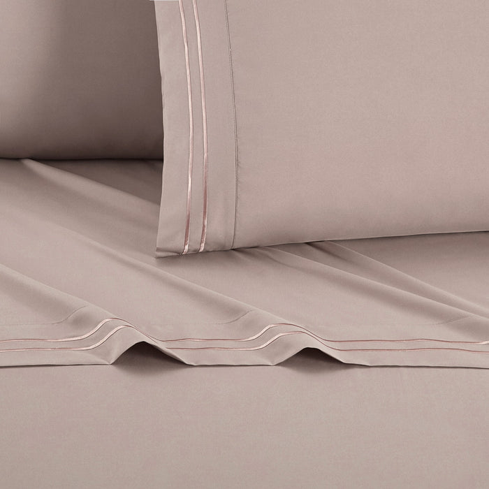 Chic Home Savannah Sheet Set Solid Color With Dual Stripe Embroidery - Includes 1 Flat, 1 Fitted Sheet, and 1 Pillowcase - 3 Piece - Twin 66x102", Rose - Rose