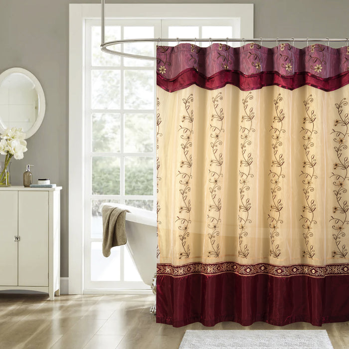 Priscilla Embroidered Shower Curtain 70'' x 72'' With Double Valance Burgundy - Burgundy