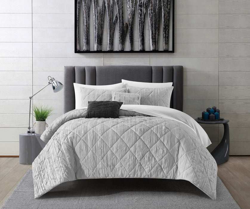 NY&C Home Leighton 5 Piece Comforter Set Diamond Stitched Design Crinkle Textured Pattern Bedding - Decorative Pillows Shams Included, Queen, Grey - Queen