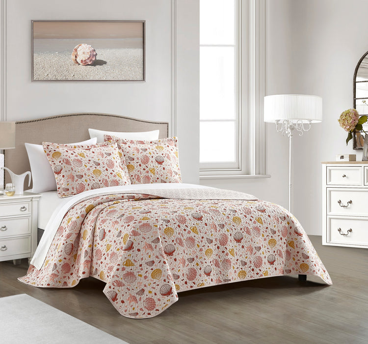 NY&C Home Bali 7 Piece Quilt Set Beach Themed Clams Conches Shells Print Bedding - Sheets Pillowcases Pillow Shams Included, King - King