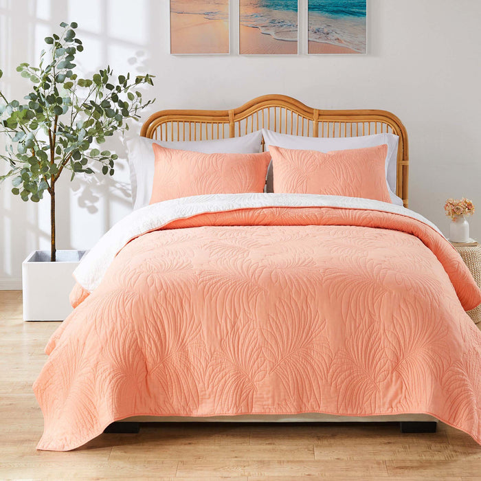 Greenland Home Fashions Palm Coast Finely Stitched Quilt Set Classic Solid Color Style 2-Piece Twin/XL Coral - Twin/XL