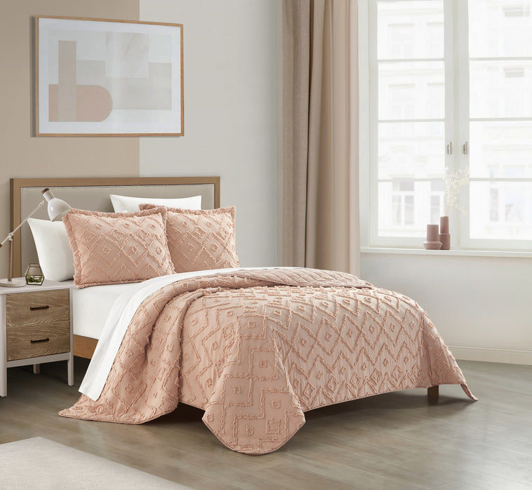 NY&C Home Cody 7 Piece Cotton Quilt Set Clip Jacquard Geometric Pattern Bed In A Bag Bedding -Sheets Pillowcases Pillow Shams Included, King, Dusty Rose - King