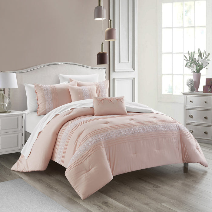 Chic Home Brice Comforter Set Pleated Embroidered Design Bedding - Decorative Pillows Shams Included - 5 Piece - King 104x92", Blush - King