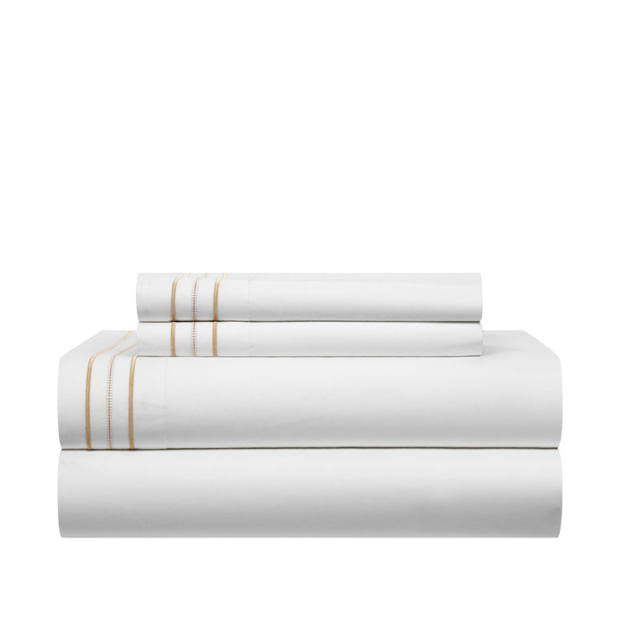 Chic Home Freya Organic Cotton Sheet Set Solid White With Dual Stripe Embroidery Zipper Stitching Details - Includes 1 Flat, 1 Fitted Sheet, and 2 Pillowcases - 4 Piece - King 108x102, Gold - King