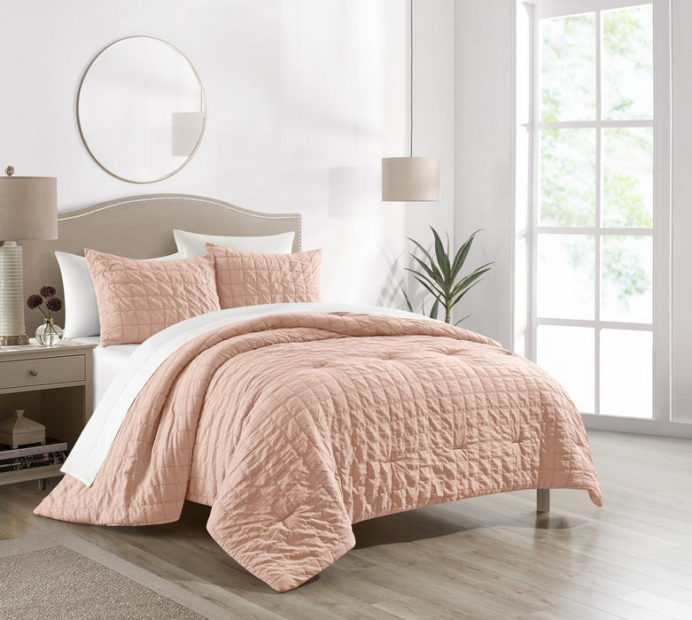Chic Home Jessa Comforter Set Washed Garment Technique Geometric Square Tile Pattern Bed In A Bag Bedding - Sheets Pillowcases Pillow Shams Included - 7 Piece - King 104x92", Blush - King