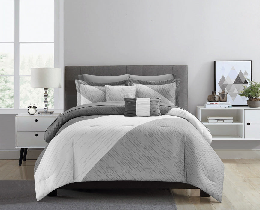 NY&C Home Kinsley 9 Piece Comforter Set Color Block Design Distressed Stripe Print Bed In A Bag Bedding - Sheets Pillowcases Decorative Pillows Shams Included, Queen, Grey - Queen