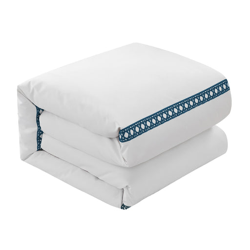 Chic Home Lewiston 3 Piece Cotton Blend Duvet Cover 1500 Thread Count Set Solid White With Embroidered Lattice Stitching Details Navy Blue