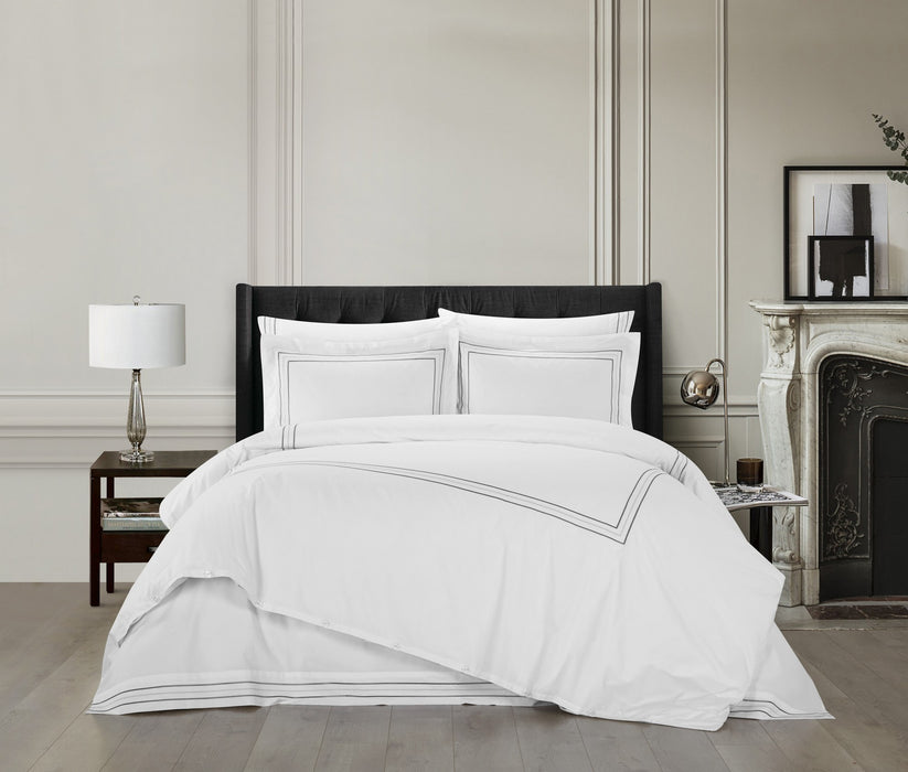 Chic Home Alexander Cotton Duvet Cover Set With Dual Stripe Embroidered Hotel Collection Bed In A Bag Bedding - Includes Sheets Pillowcases Pillow Shams - 7 Piece - King 106x96, Grey - King