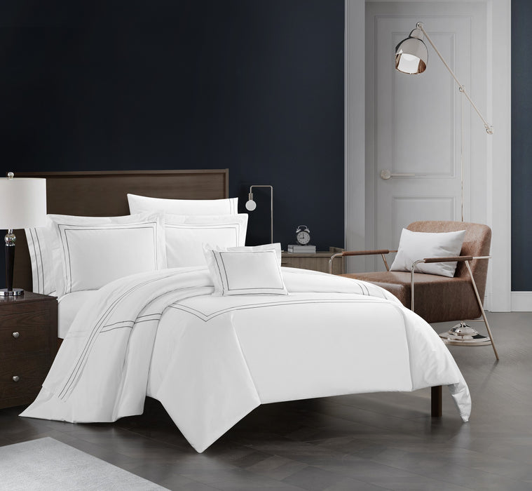 Chic Home Santorini Cotton Comforter Set Dual Stripe Embroidered Border Hotel Collection Bed In A Bag Bedding - Includes Sheets Pillowcases Decorative Pillow Shams - 8 Piece - Queen 92x96, Grey - Queen
