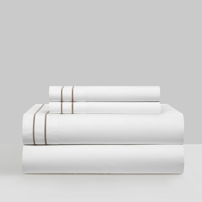 Chic Home Alford Organic Cotton Duvet Cover Set Dual Stripe Embroidered Border Hotel Collection Bed In A Bag Bedding - Includes Sheets Pillowcases Pillow Shams - 7 Piece - King 106x96, Beige - King