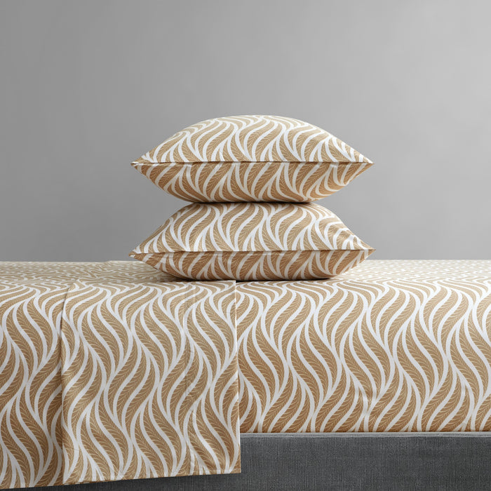 NY&C Home Kate 4 Piece Sheet Set Super Soft Two-Tone Geometric Leaf Pattern Print Design – Includes 1 Flat, 1 Fitted Sheet, and 2 Pillowcases, Queen, Taupe - Queen