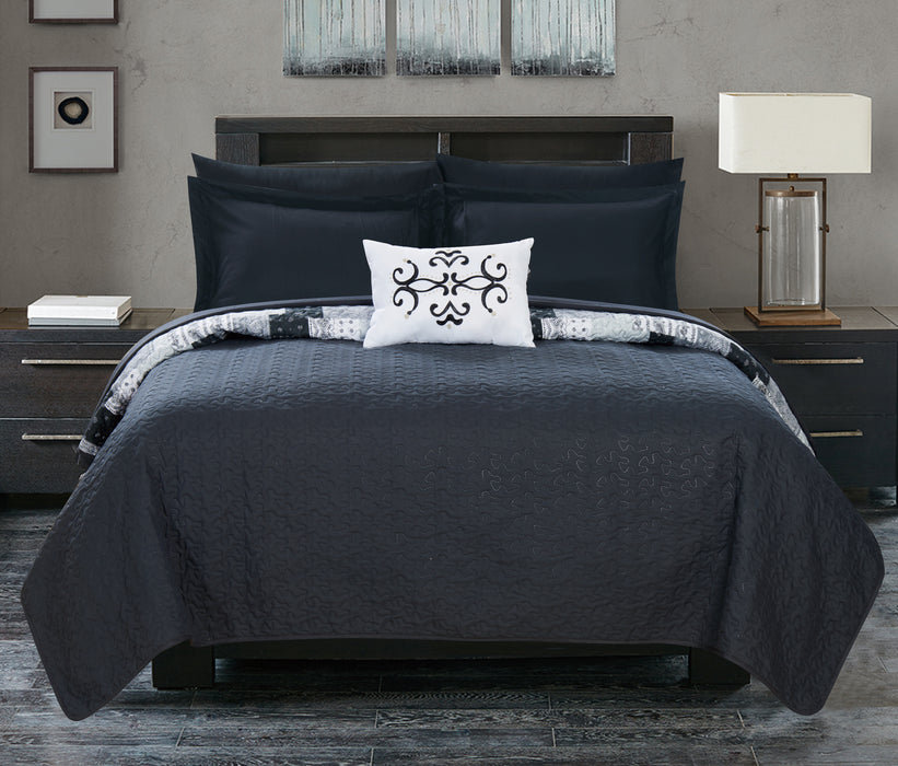 Chic Home Eliana 4 Piece Reversible Quilt Coverlet Set Embossed Patchwork Bohemian Paisley Print Quilted Design Bedding King Black - King