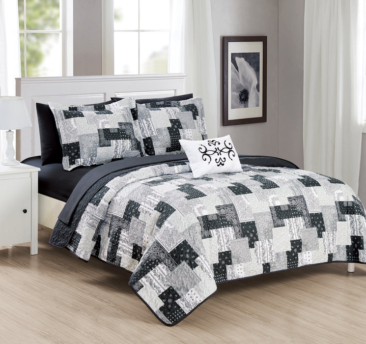 Chic Home Eliana 4 Piece Reversible Quilt Coverlet Set Embossed Patchwork Bohemian Paisley Print Quilted Design Bedding King Black - King