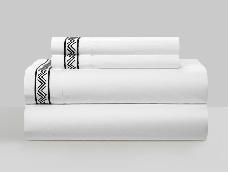 Chic Home Ella Cotton Duvet Cover Set Solid White Dual Stripe Embroidered Border Zig-Zag Details Hotel Collection Bedding - Includes Sheets Pillowcases Pillow Shams - 7 Piece - King 106x96, Black - King