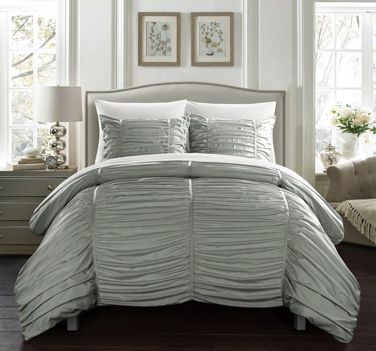Chic Home Kaiah 7 Piece Comforter Set Contemporary Striped Ruched Ruffled Design Sheet Set Pillowcases Pillow Shams Included Queen Grey - Queen