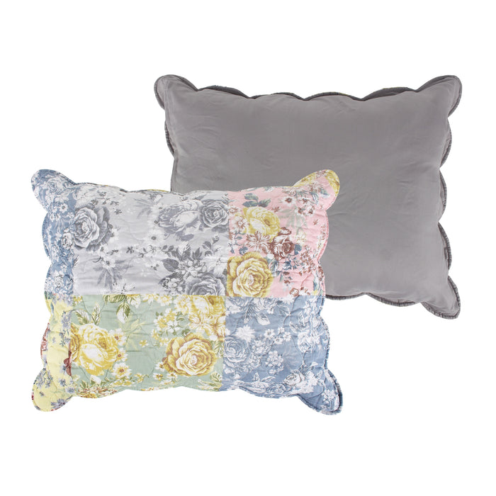 Greenland Home Emma Floral Patchwork Quilted Reversible Pillow Sham, Standard 20x26-inch, Gray - Standard